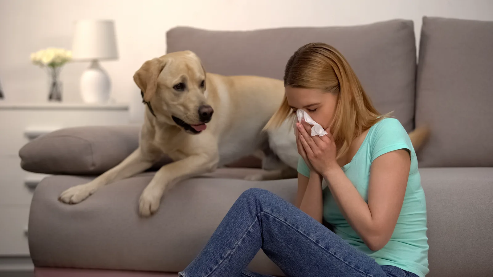 Person experiencing allergy symptoms at home with a dog