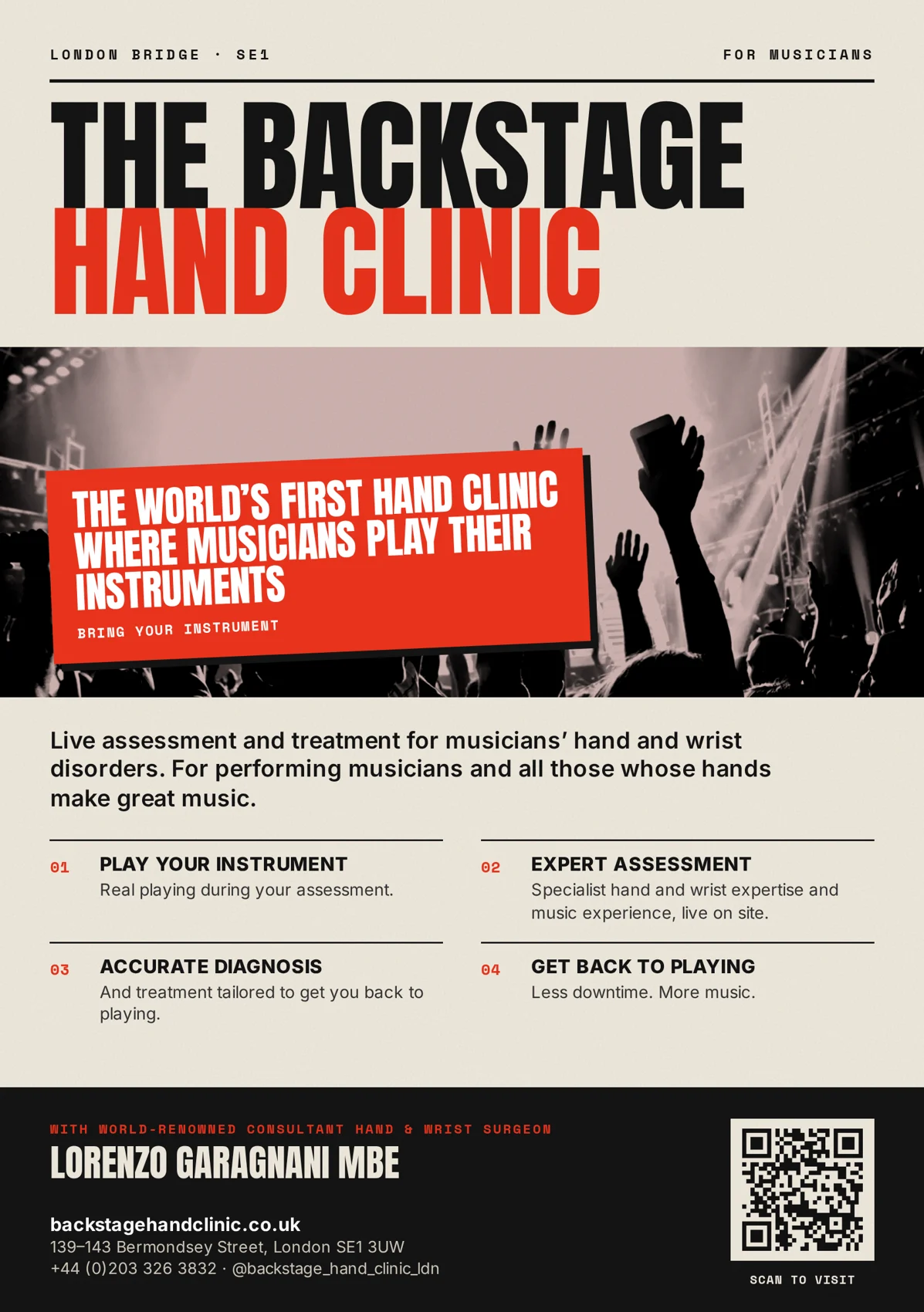 The Backstage Hand Clinic leaflet: the world's first hand clinic where musicians play their instruments, with Consultant Hand & Wrist Surgeon Lorenzo Garagnani MBE, 139-143 Bermondsey Street, London SE1 3UW