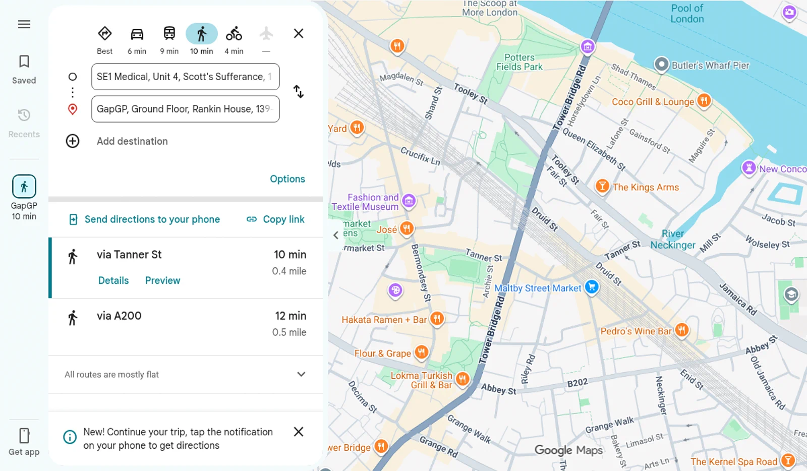 Google Maps walking directions between SE1 Medical Aesthetics on Mill Street and GapGP on Bermondsey Street